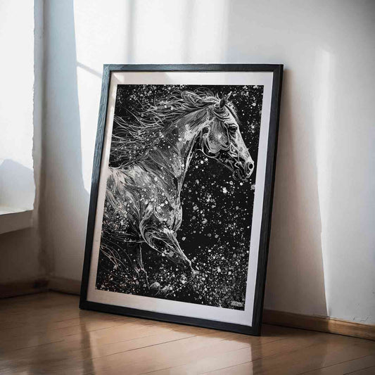 Running Horse Black & White Poster